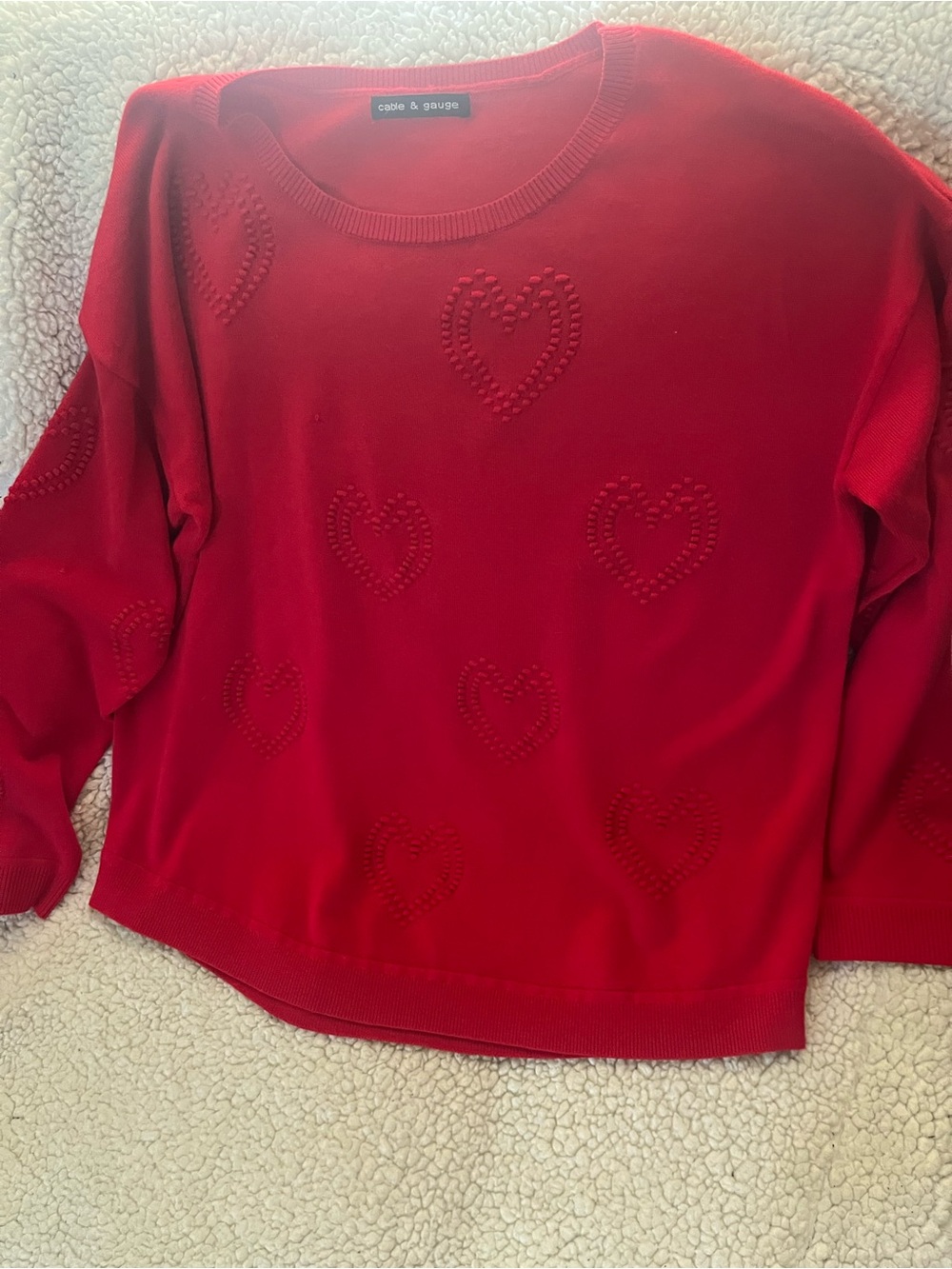 Cable & Gauge Red Crewneck Sweater with Heart Motif